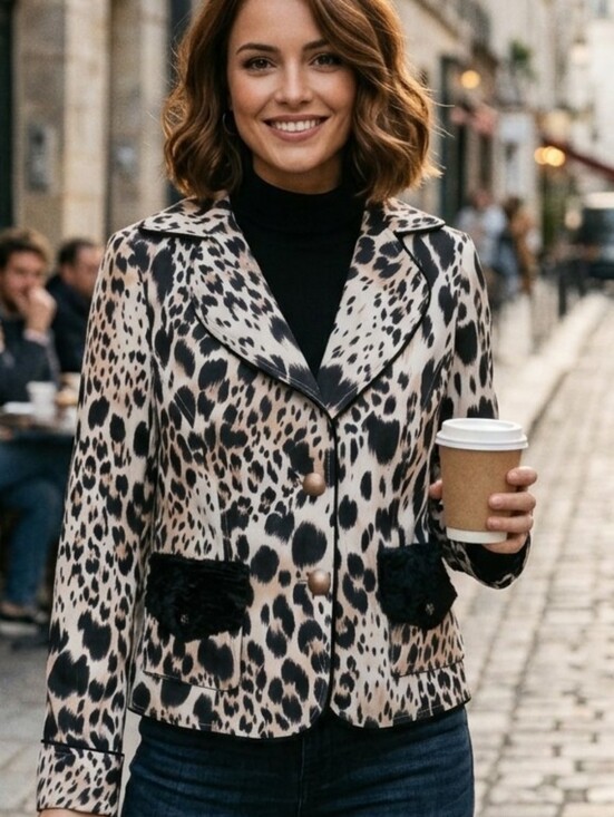 Jackets & Blazers - Alberto Makali Leopard Print Blazer Jacket Faux Fur Accent Pockets - Size 12